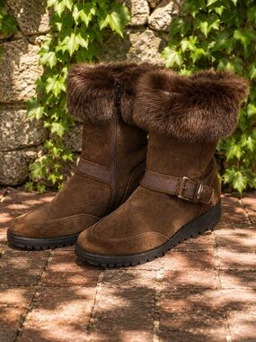 STUART WEITZMAN Luxury Warm Winter Fur Cuffed Chocolate Suede Flat Boots, 7